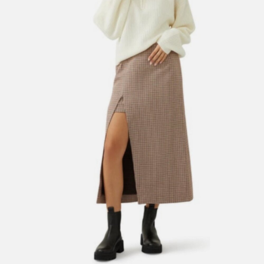 Maje Jaisa Houndstooth Thigh-High Front Slit Midi-Skirt Brown Women's Sz 36